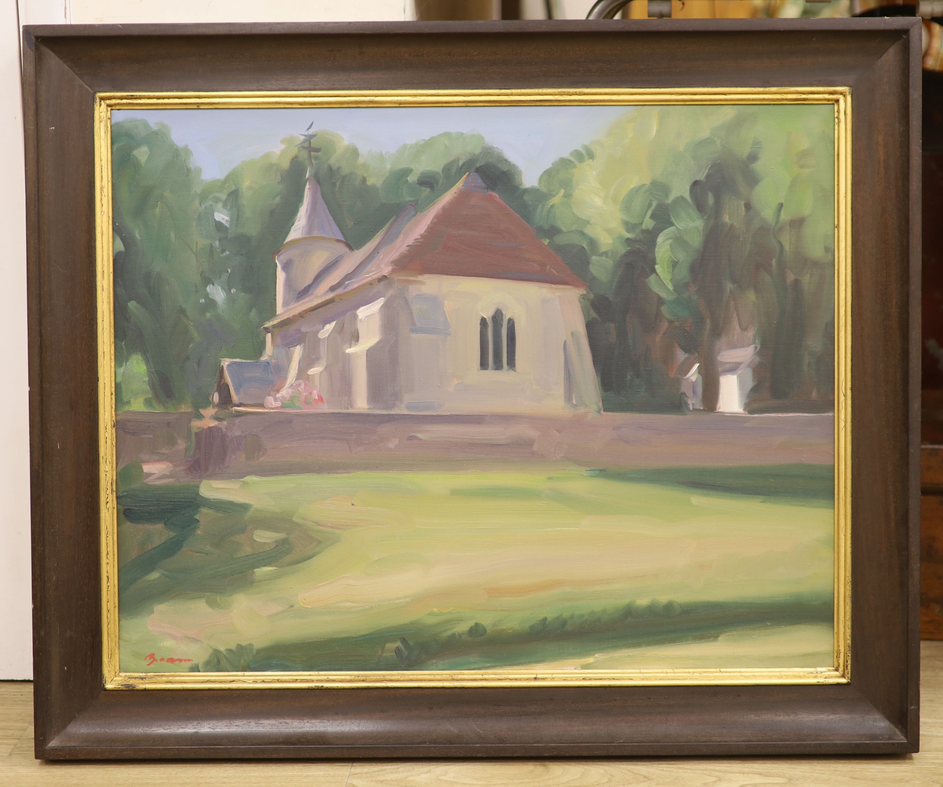 Antony Bream (1943-), oil on canvas, Southease church, signed, 55 x 70cm